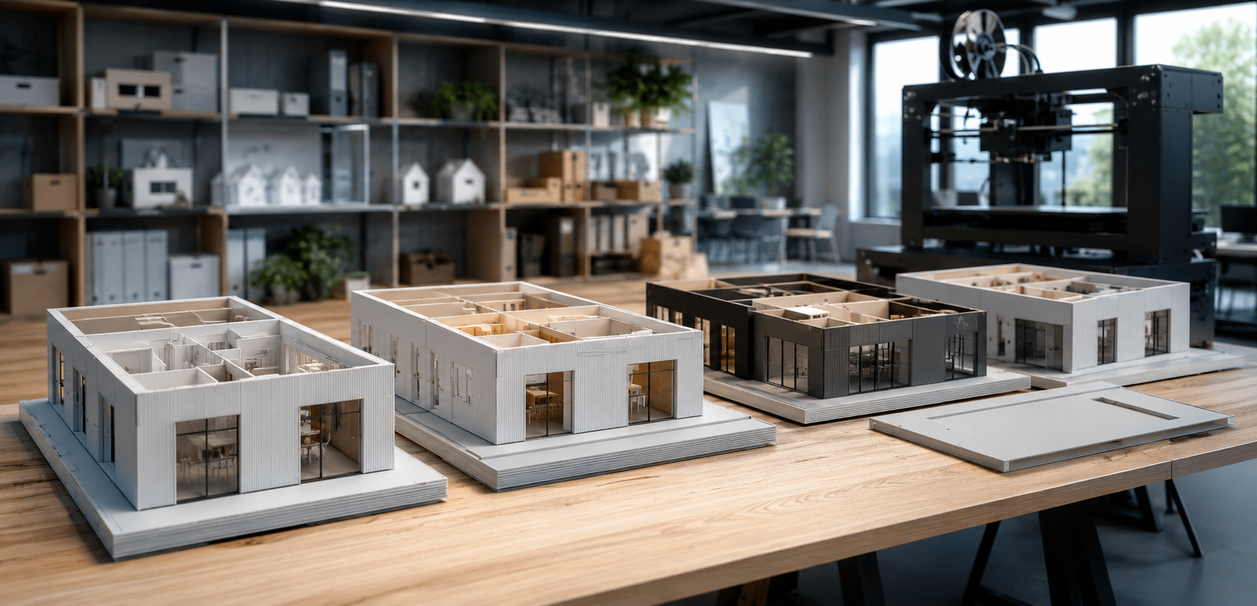 Photorealistic 3D-printed modular housing models with removable roofs showcasing interior layouts on a workbench in a modern architectural design studio, with a large 3D printer and modelmaking equipment in the background.