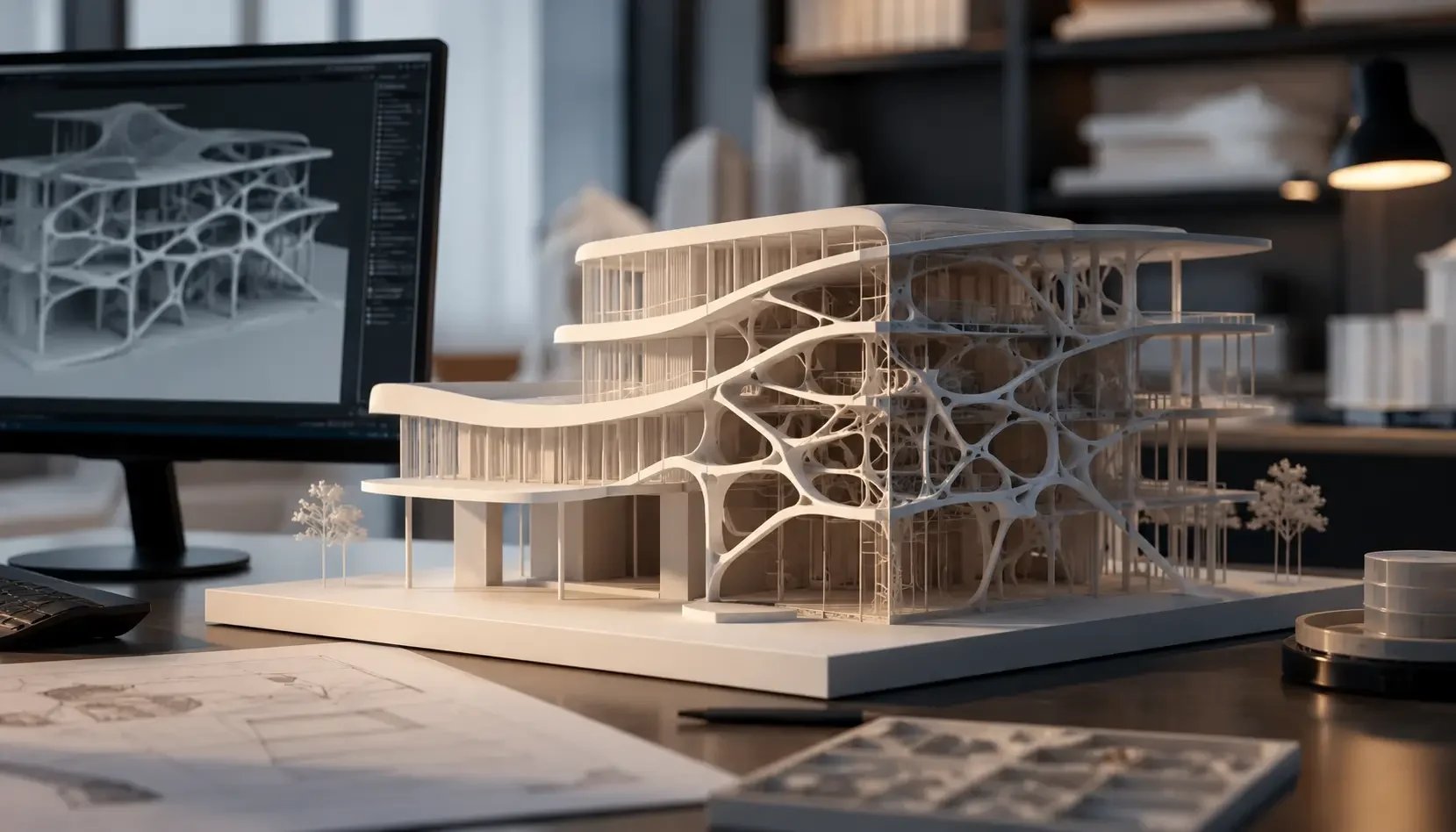 A highly detailed architectural 3D-printed building model sits on a designer's workstation beside a computer displaying an optimized digital version of the same structure.
