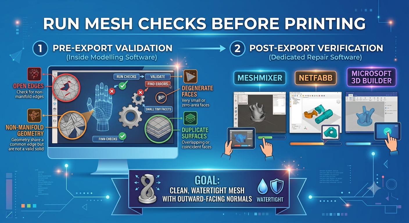 "RUN MESH CHECKS BEFORE PRINTING" with the top subtitle removed, detailing a two-step 3D model validation process: