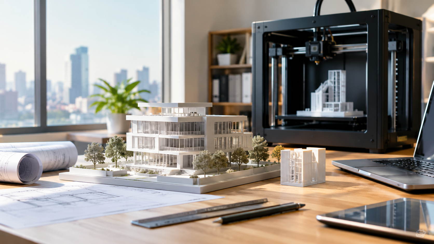 Realistic architectural scale model of a modern building displayed in a design studio with a 3D printer, blueprints, and digital modeling tools.