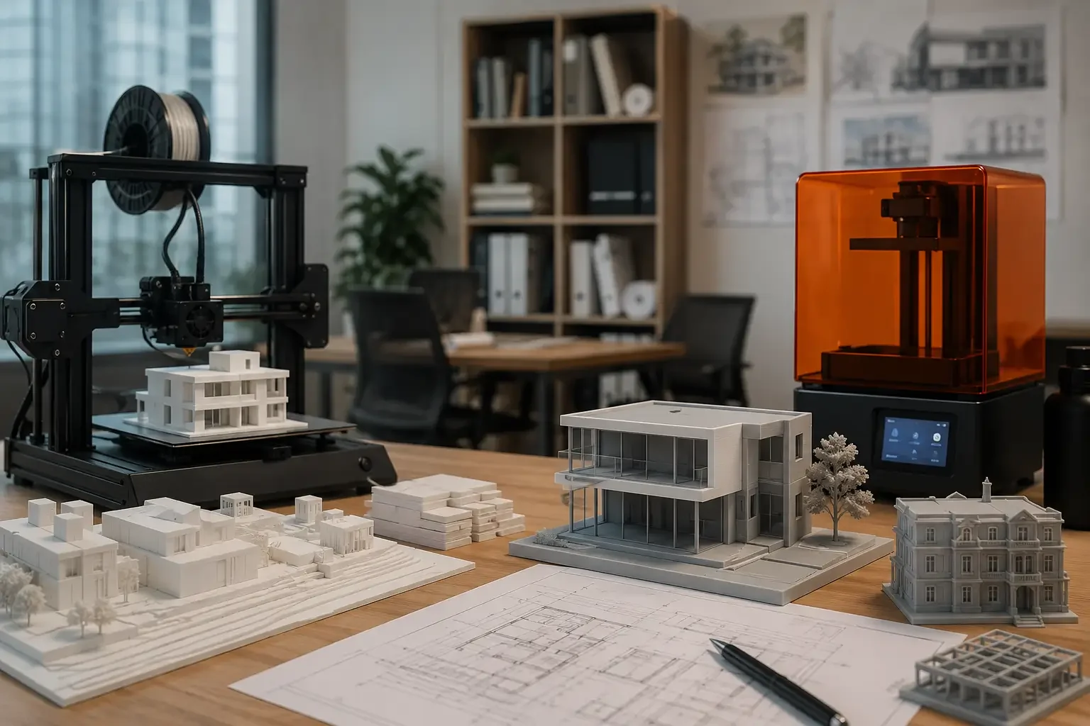 Architectural 3D printing comparison featuring FDM and SLA printers alongside detailed building models, highlighting differences in print quality, precision, speed, cost, durability, and model size capabilities for architects.