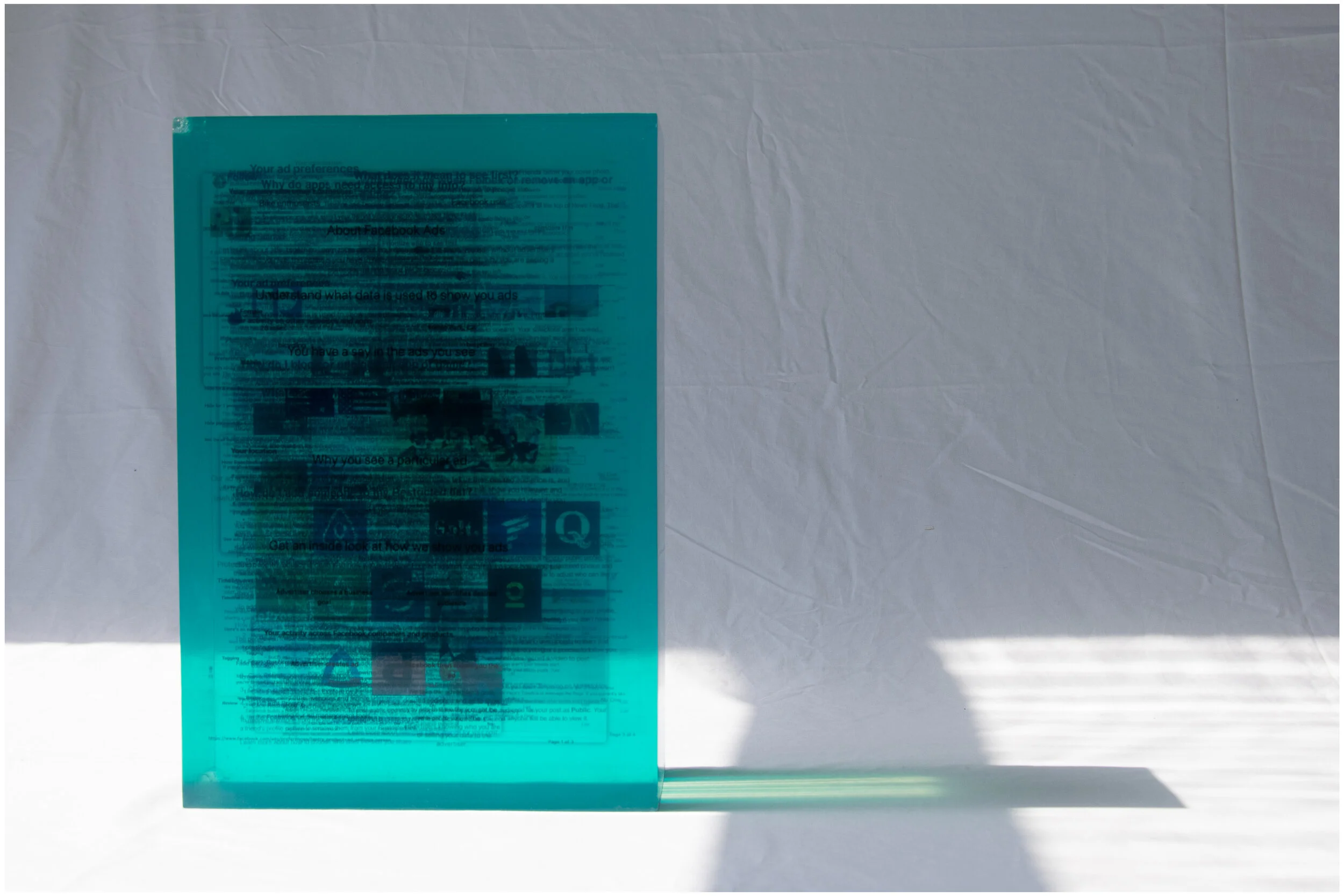 Tombstone, Facebook Privacy options, Epoxy resin and print 37cm x 25 cm x 11 cm. 2018-2021