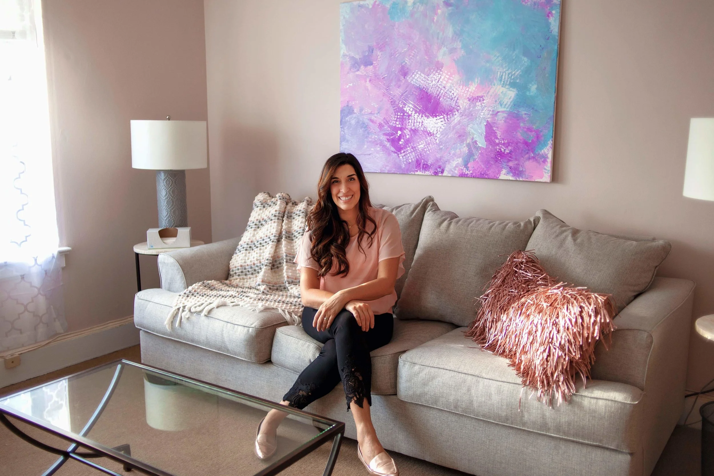 pink shirt couch bright