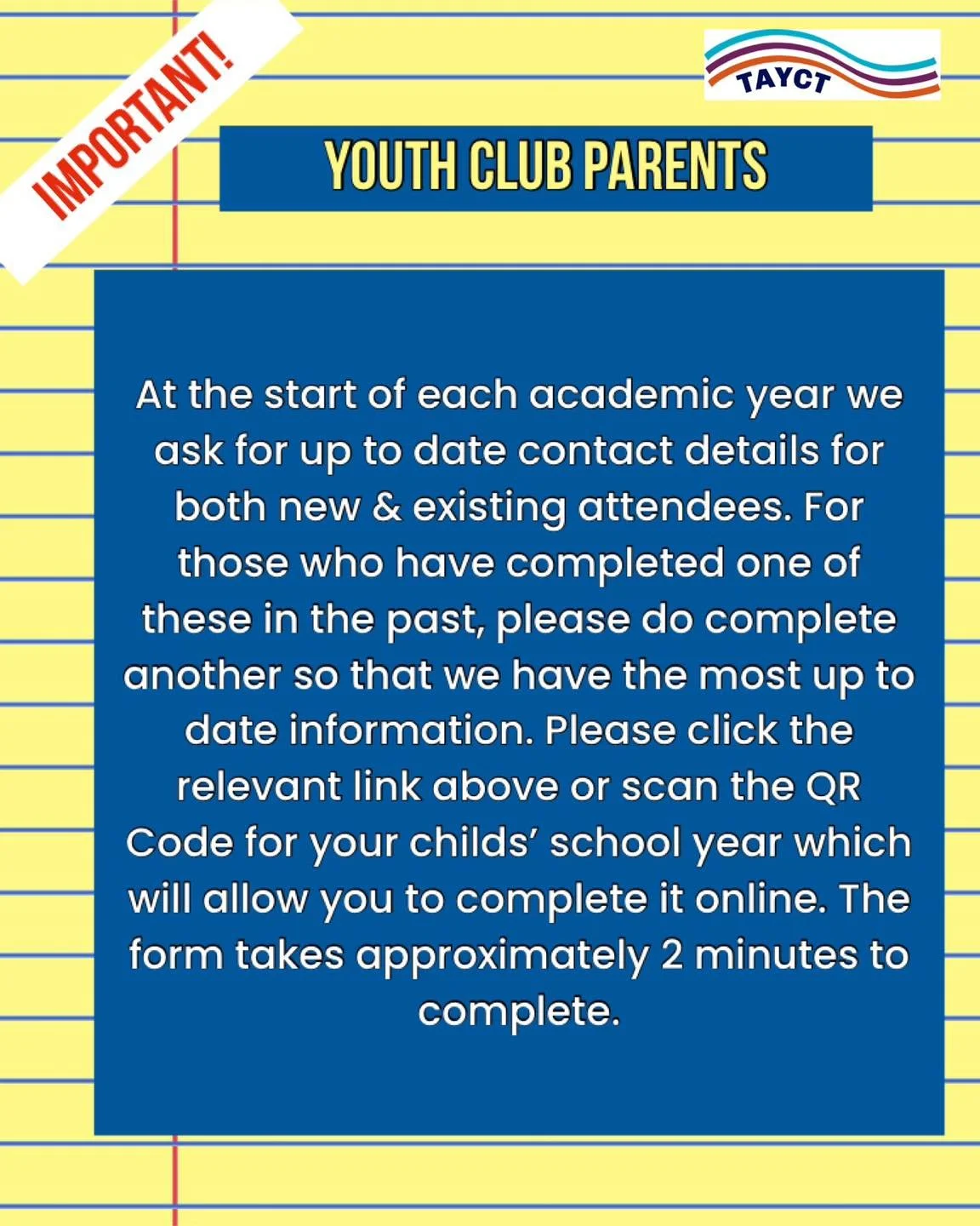 ☎️ CALLING YOUTH CLUB PARENTS OLD AND NEW!

We will be collecting contact information for young people when our Youth Club sessions restart w/c 8th Sept but for anyone who would like to get ahead and complete one now please feel free ⭐️ It will also 