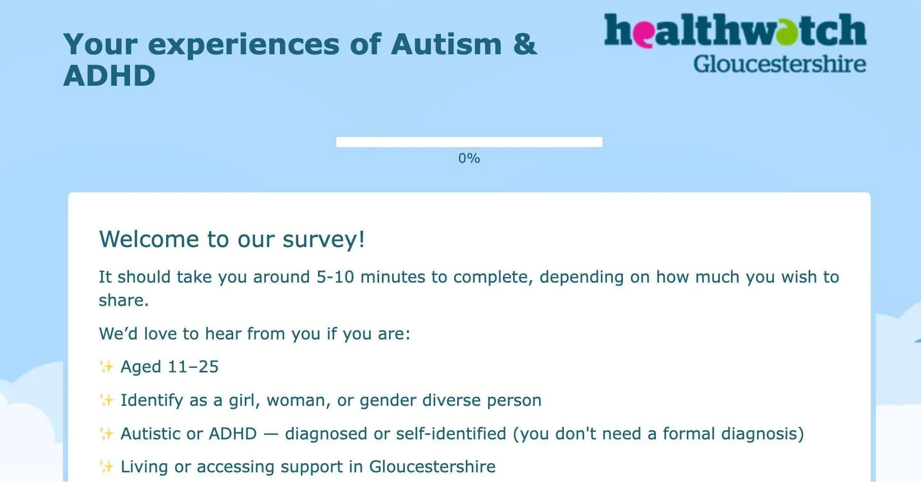 Healthwatch Gloucestershire are exploring the experiences of women, girls and gender diverse people who are autistic or ADHD in Gloucestershire. They would love to hear your views and experiences:

https://www.smartsurvey.co.uk/s/autismandadhdsurvey/