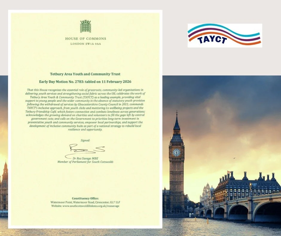 We are incredibly proud to have TAYCT recognised by our MP, Roz Savage MP , for the work we do supporting young people and strengthening our community here in Tetbury.
Roz kindly invited a group of us to Westminster for a visit &mdash; a fantastic op