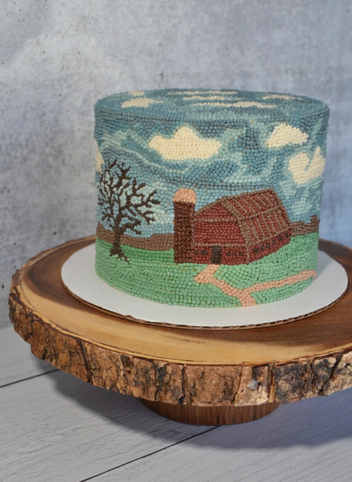 Barn cake decorated with buttercream dots