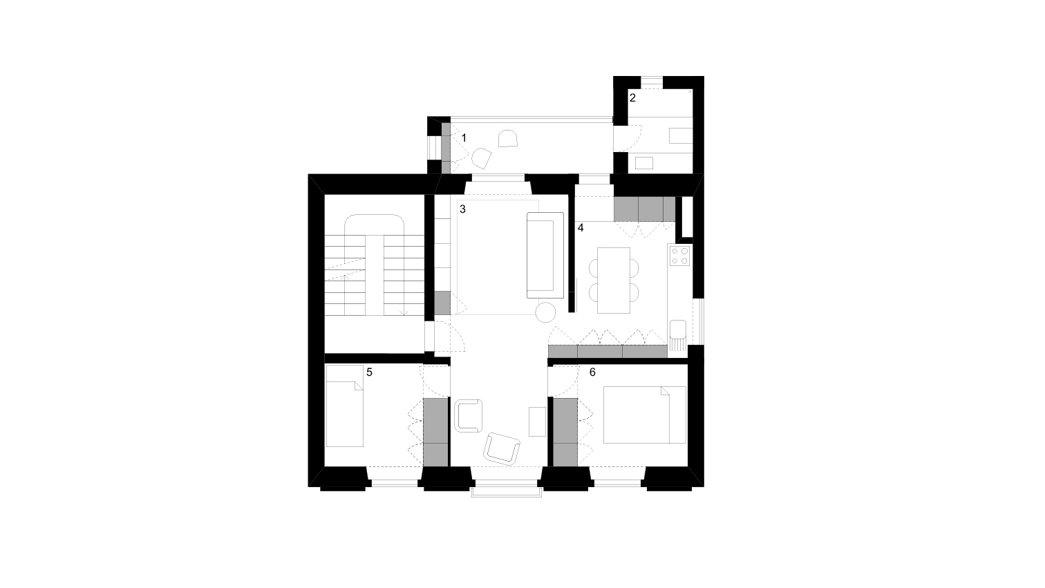 FLOOR PLAN _ 1 winter garden . 2 bathroom . 3 living room . 4 kitchen . 5 bedroom . 6 master bedroom