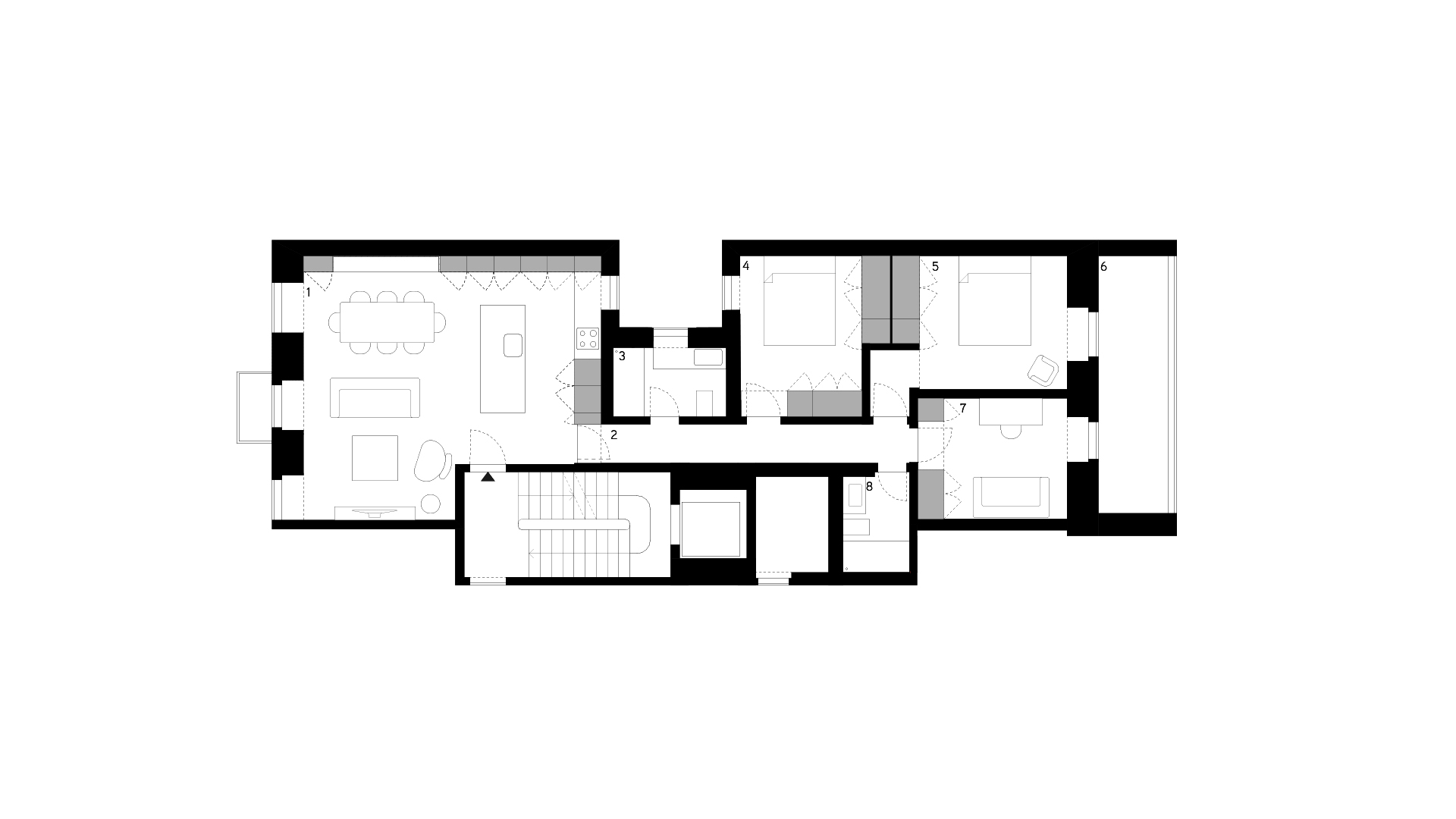 FLOOR PLAN _ 1 living &amp; dining rooms &amp; kitchen . 2 corridor . 3 bathroom . 4 bedroom . 5 master bedroom . 6 balcony . 7 office . 8 bathroom
