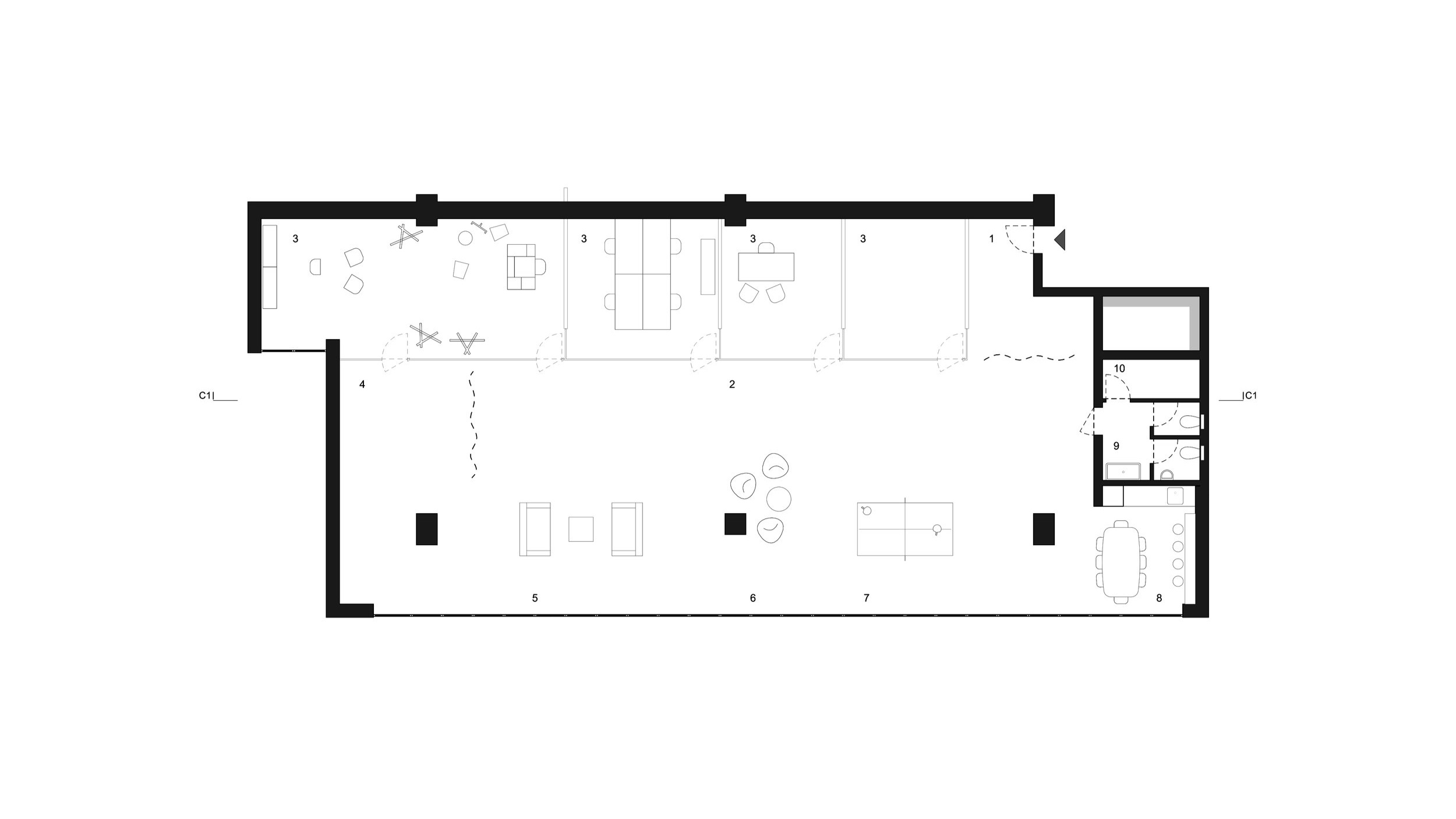 FLOOR PLAN _ 1 entrance hall . 2 circulation . 3 office . 4 photo shooting area . 5 lounge . 6 meeting corner . 7 playing area . 8 pantry . 9 toilets . 10 storage