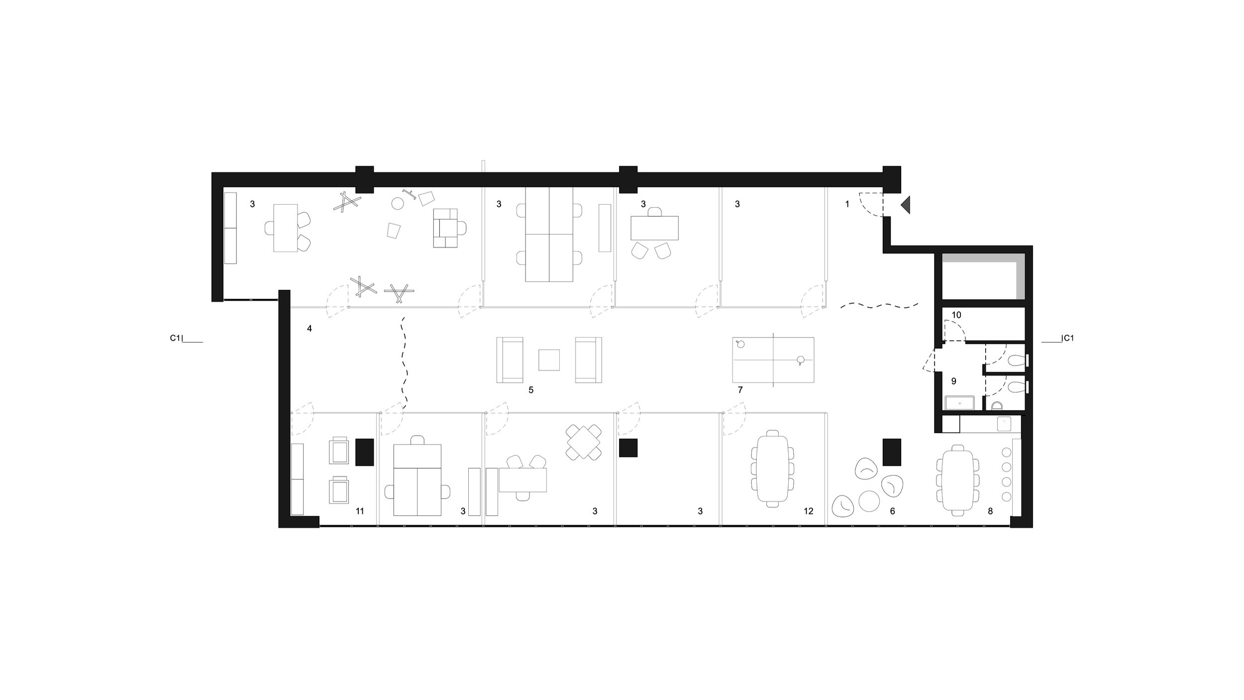 FLOOR PLAN _ 1 entrance hall . 2 circulation . 3 office . 4 photo shooting area . 5 lounge . 6 meeting corner . 7 playing area . 8 pantry . 9 toilets . 10 storage . 11 copy room . 12 meeting room