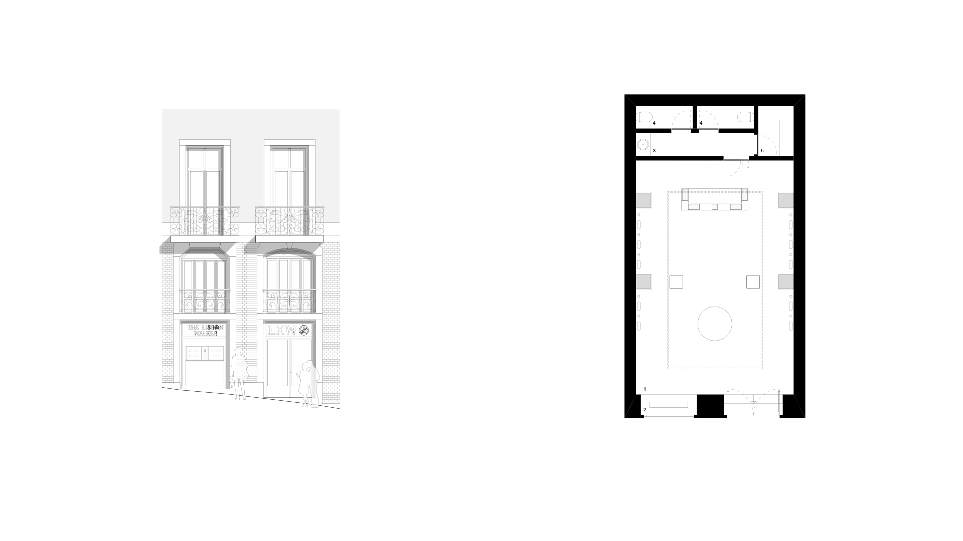 ELEVATION AND FLOOR PLAN _ 1 showroom . 2 store front . 3 hand rinse . 4 toilet . 5 storage