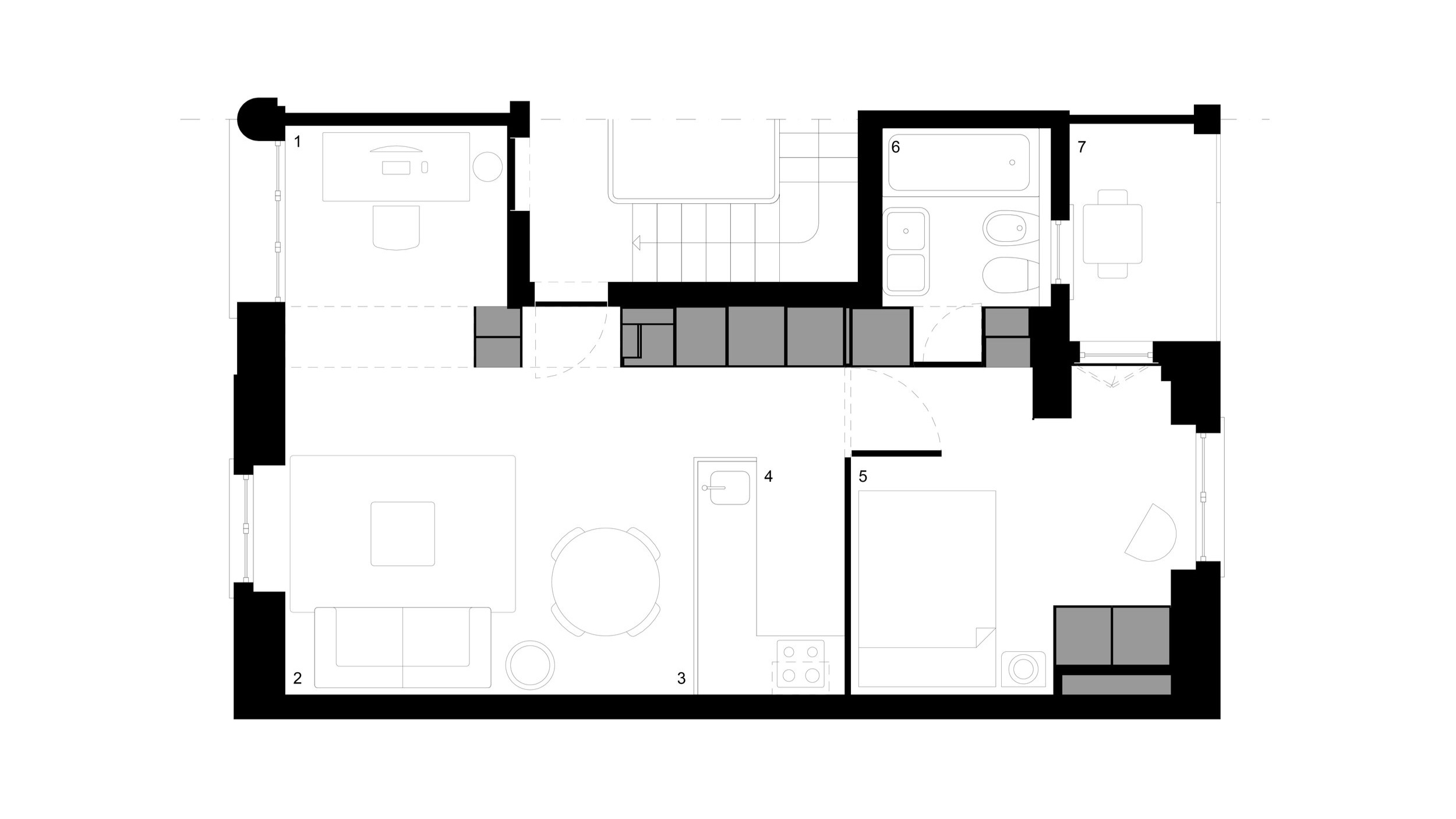 FLOOR PLAN _ 1 office . 2 living . 3 dining . 4 kitchenette . 5 bedroom . 6 bathroom . 7 balcony