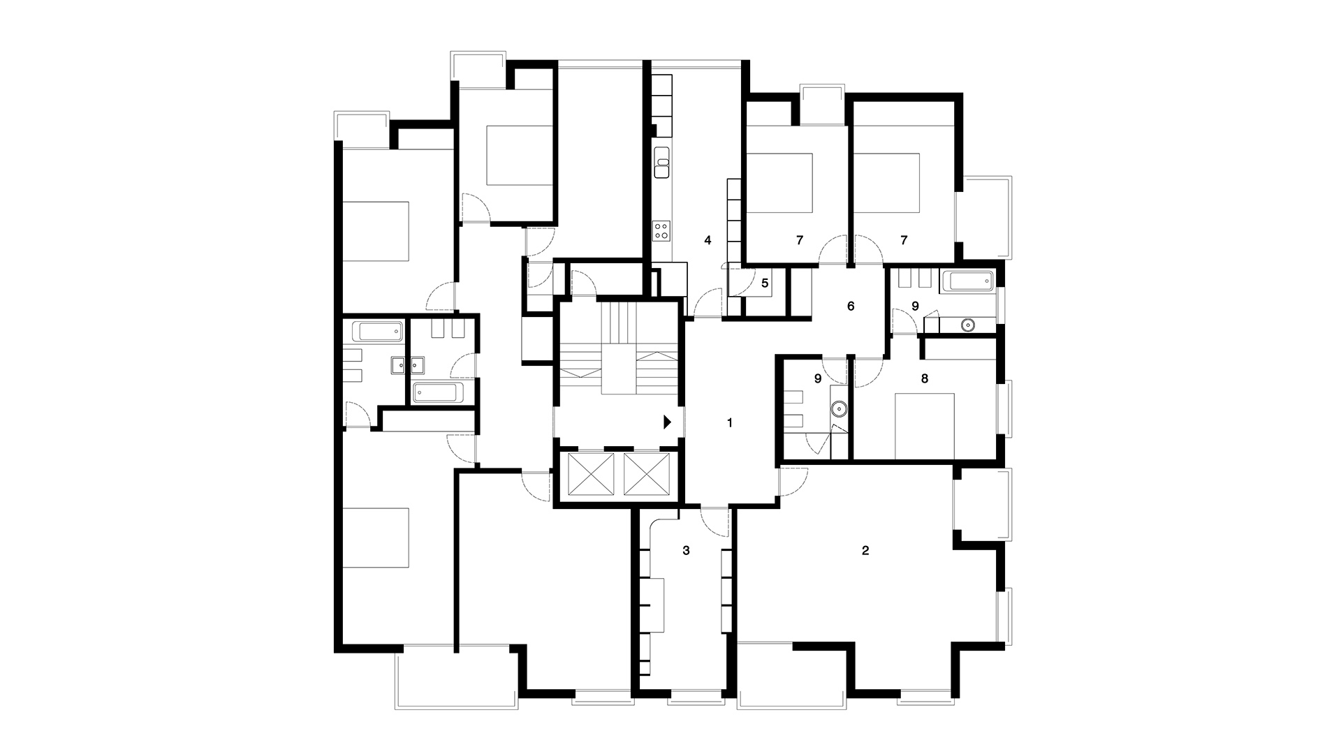 FLOOR PLAN _ 1 entrance hall . 2 office . 3 living &amp; dining room . 4 kitchen . 5 storage . 6 bedroom hall . 7 bedroom . 8 master bedroom . 9 bathroom