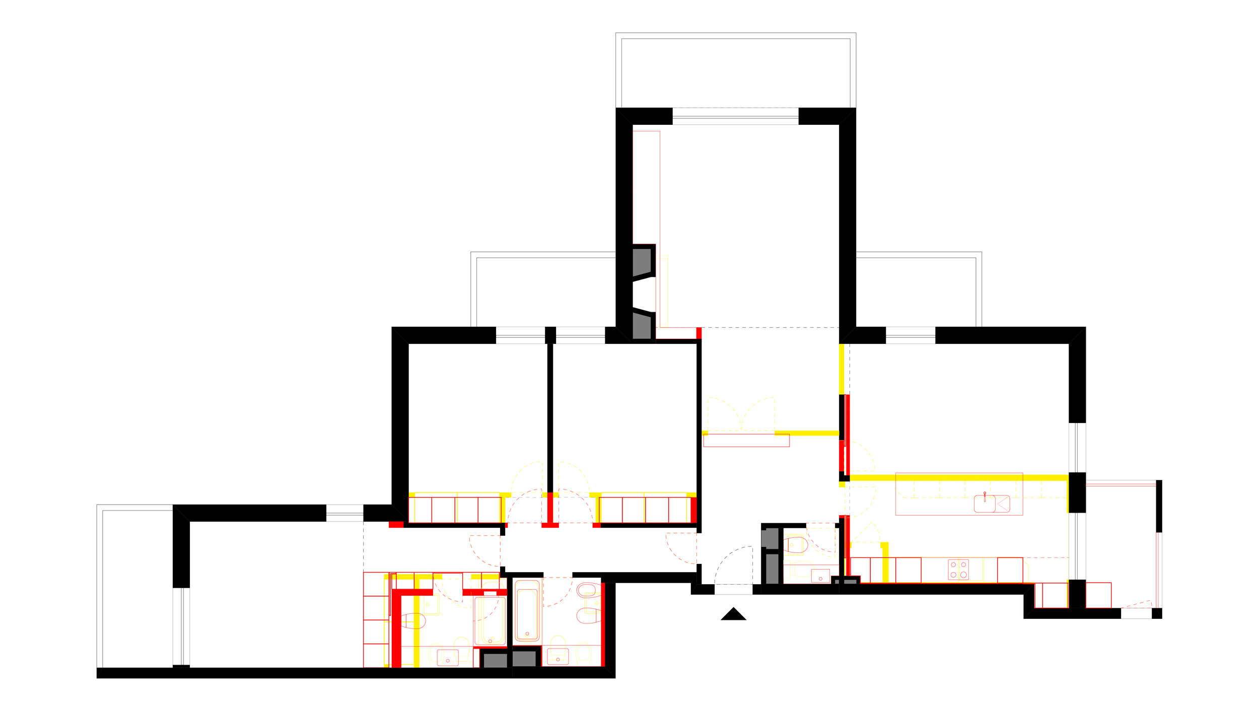 FLOOR PLAN _ Demolition (yellow) and New Construction (red)
