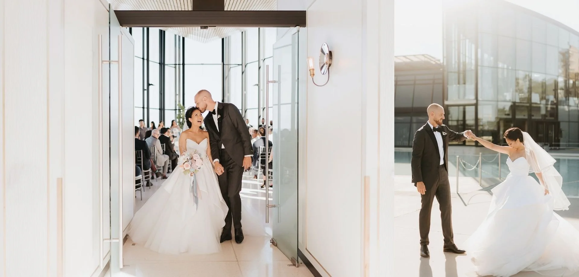 A bride and groom celebrate their wedding at Spencer’s At The Waterfront, a modern glass-walled venue in Burlington, Ontario.
