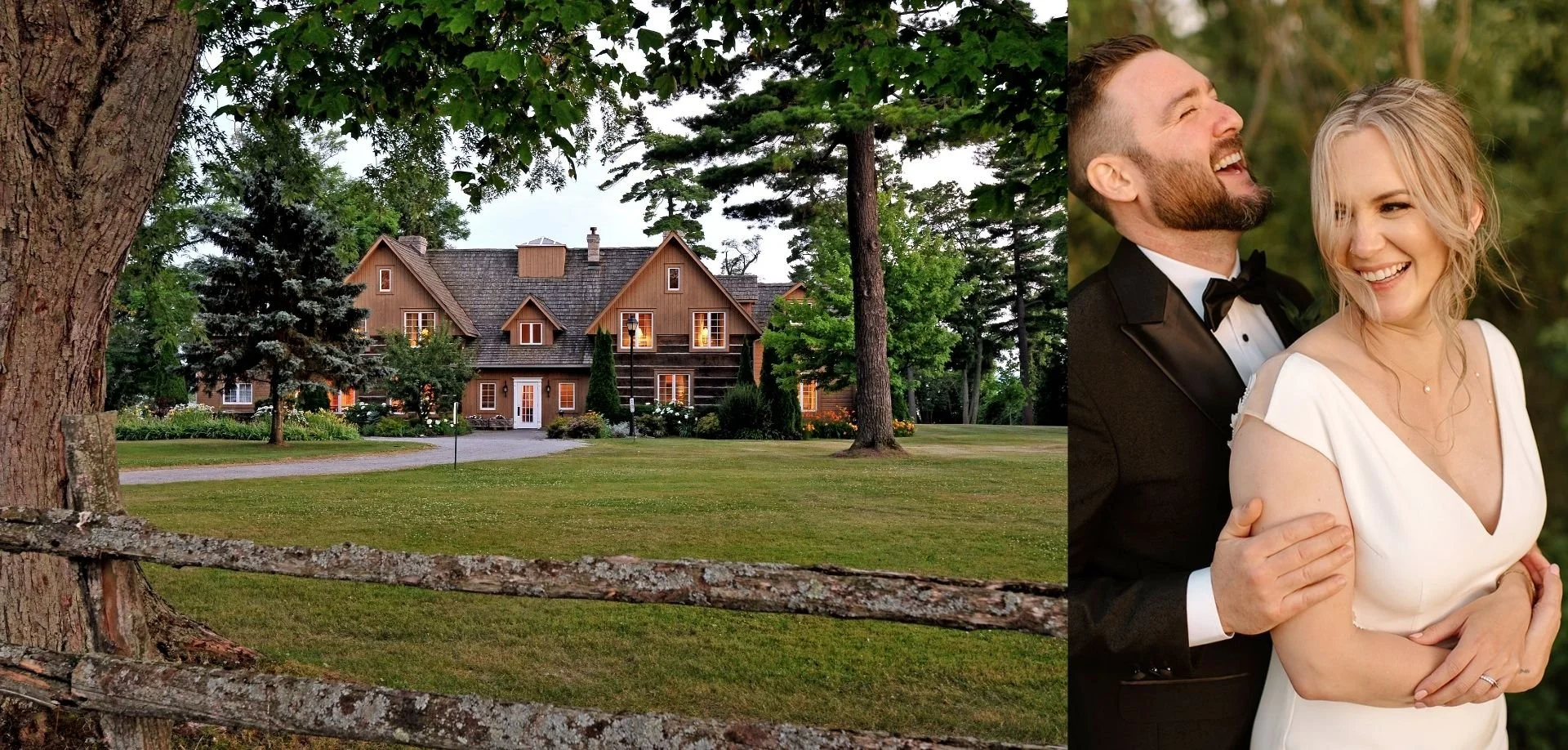 Laughing couple embracing outside the Eganridge Resort wedding venue near Fenelon Falls, Ontario.