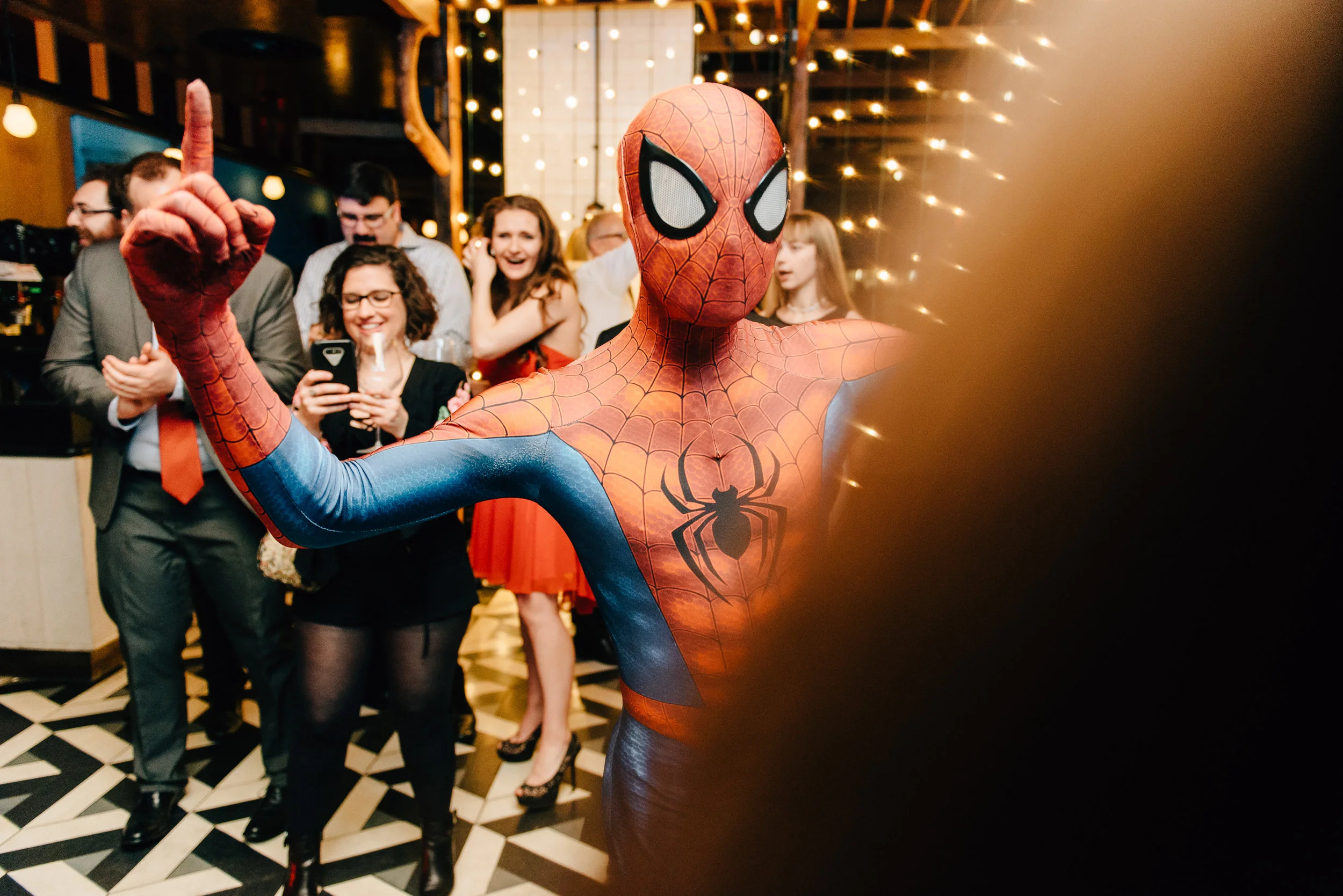 Spiderman at a wedding reception at The Drake 150 in Toronto - Sara Monika, Photographer