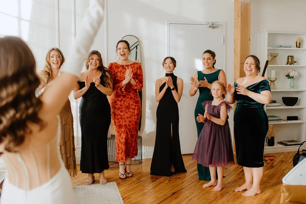 STORYS Building Wedding in Toronto Robyn and Tyler – Bridesmaids Reacting to Bride’s First Look Bridesmaid reacting to bride’s first look