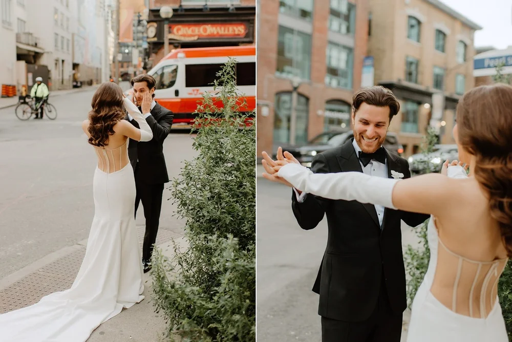 STORYS Building Wedding in Toronto Robyn and Tyler – Intimate moment as the couple shares a laugh during their first look