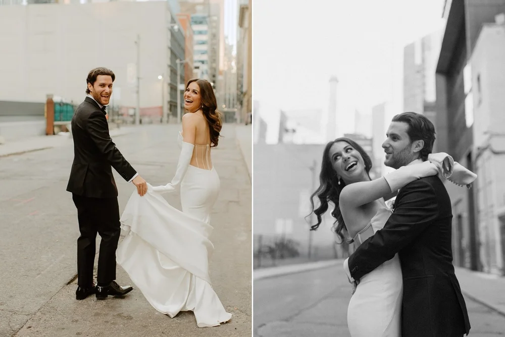 STORYS Building Wedding in Toronto Robyn and Tyler – Candid moment of the couple laughing while walking together