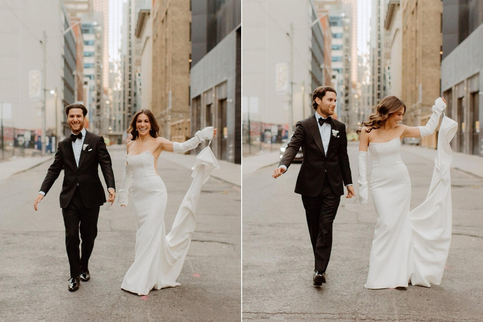 STORYS Building Wedding in Toronto Robyn and Tyler – Bride and groom walking hand in hand down the street of Toronto
