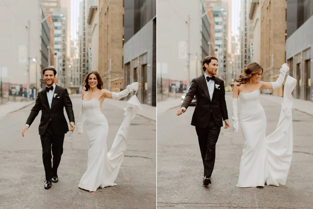 STORYS Building Wedding in Toronto Robyn and Tyler –  Bride and groom walking hand in hand down the street of Toronto