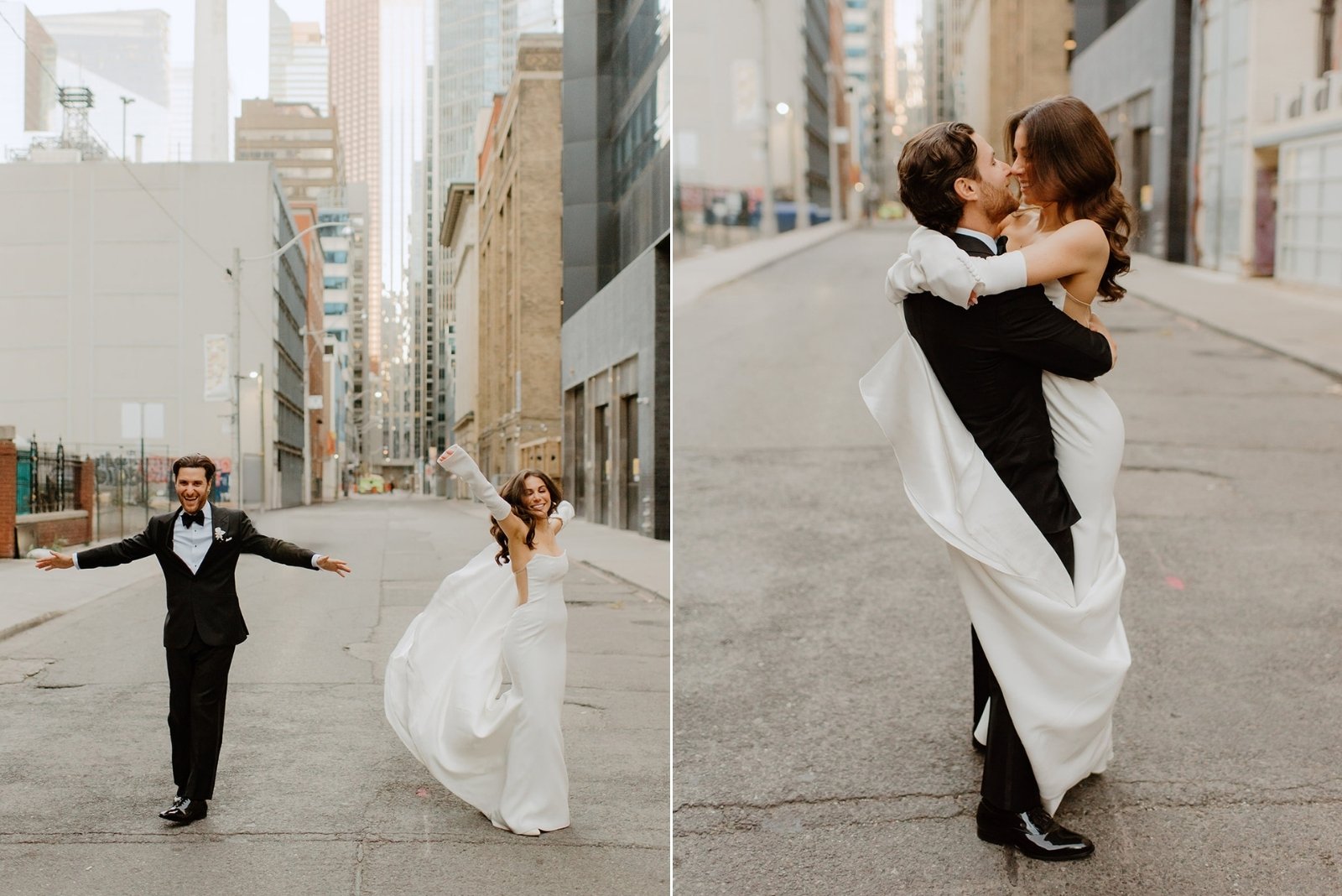 STORYS Building Wedding in Toronto Robyn and Tyler – Bride and groom sharing a kiss on a charming street