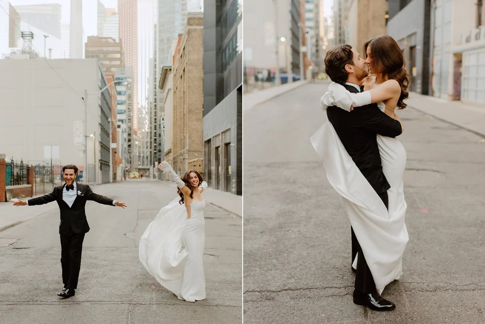 STORYS Building Wedding in Toronto Robyn and Tyler –  Bride and groom sharing a kiss on a charming street