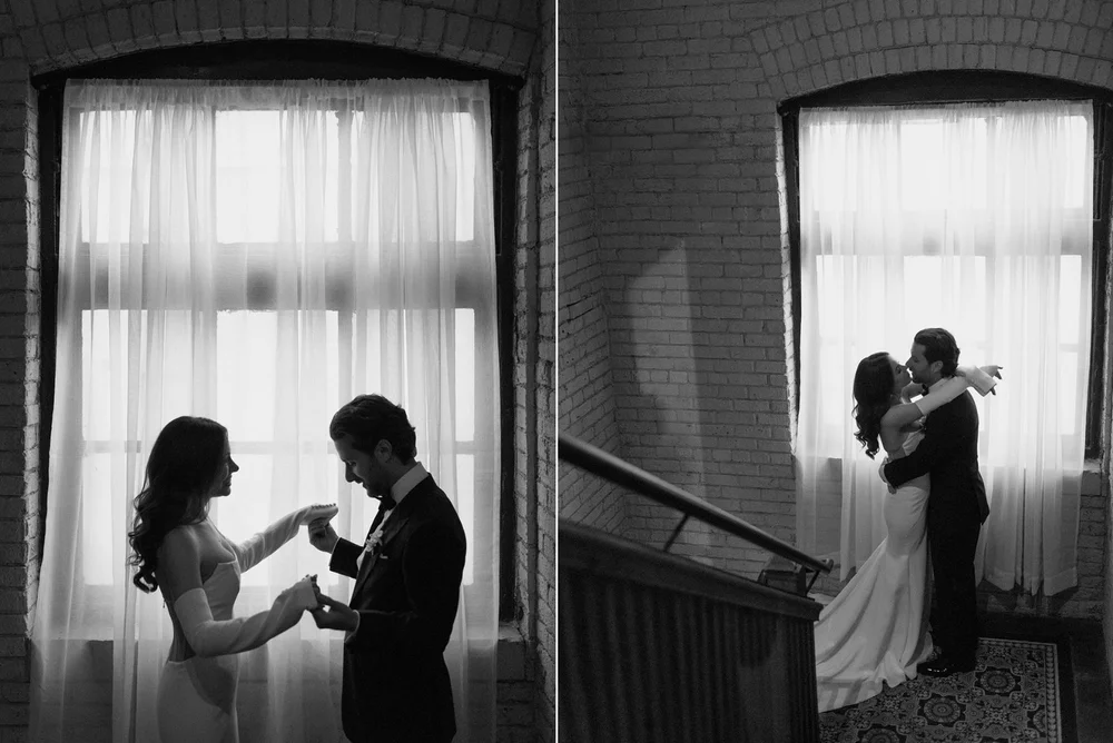 STORYs Building Wedding in Toronto Robyn and Tyler – Couple Posing Near Window Light Indoors
