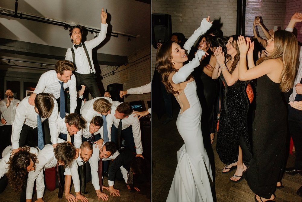 STORYS Building Wedding in Toronto Robyn and Tyler – Groom with Groomsmen and Bride with Bridesmaid Dancing Together in Joy