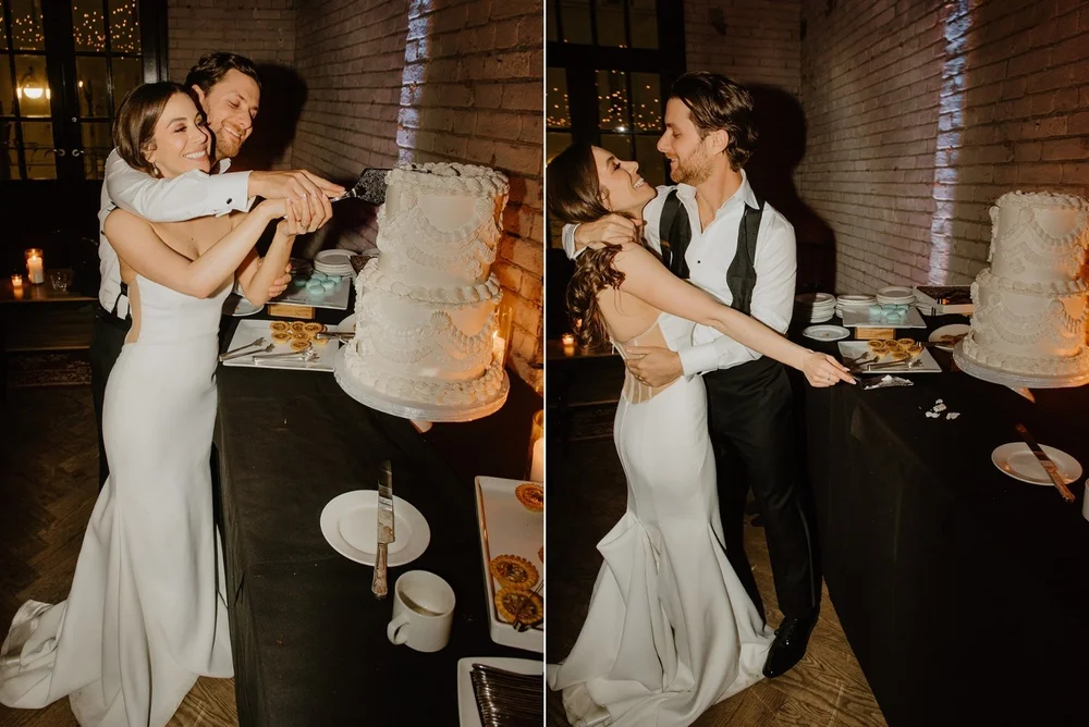 STORYS Building Wedding in Toronto Robyn and Tyler – Bride and Groom Cutting the Wedding Cake Together