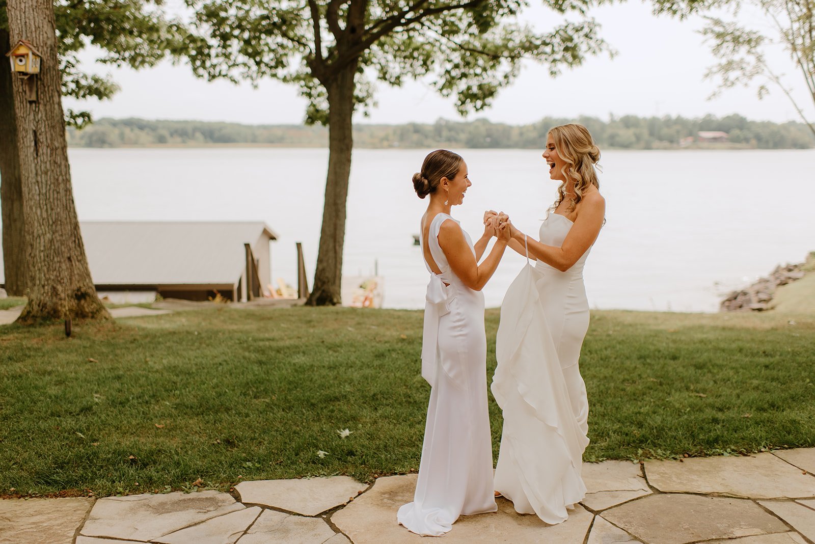 Family Home Kingston Wedding of Vanessa and Liz – two joyful brides smiling and celebrating their wedding day together