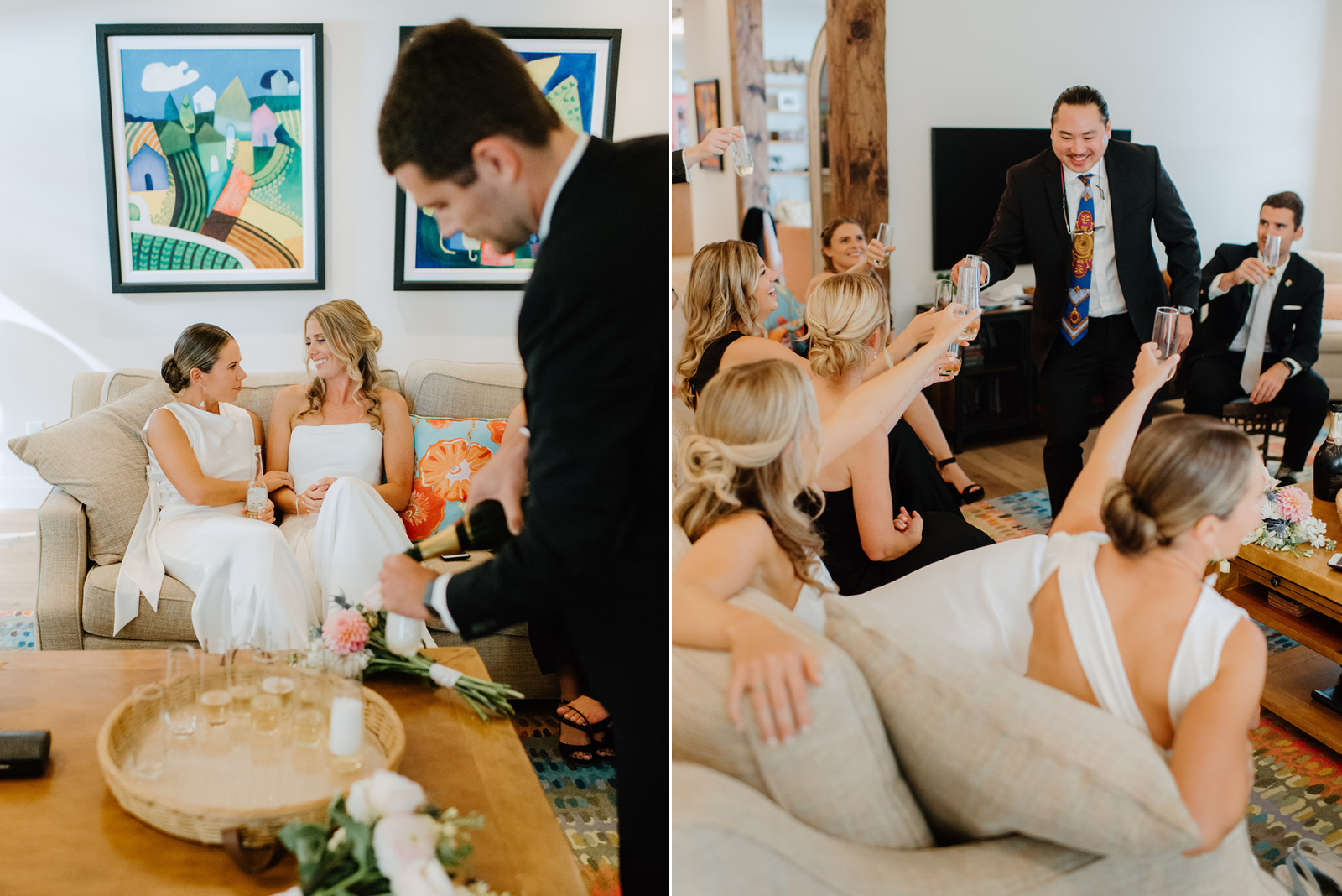 Family Home Kingston Wedding of Vanessa and Liz – candid moments of bride and wedding guests inside the preparation venue, sharing laughter and excitement