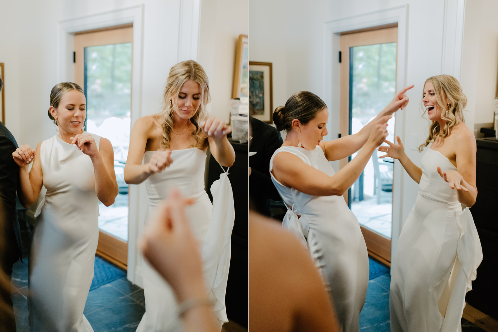 Family Home Kingston Wedding of Vanessa and Liz – brides laughing and having fun together before the reception begins