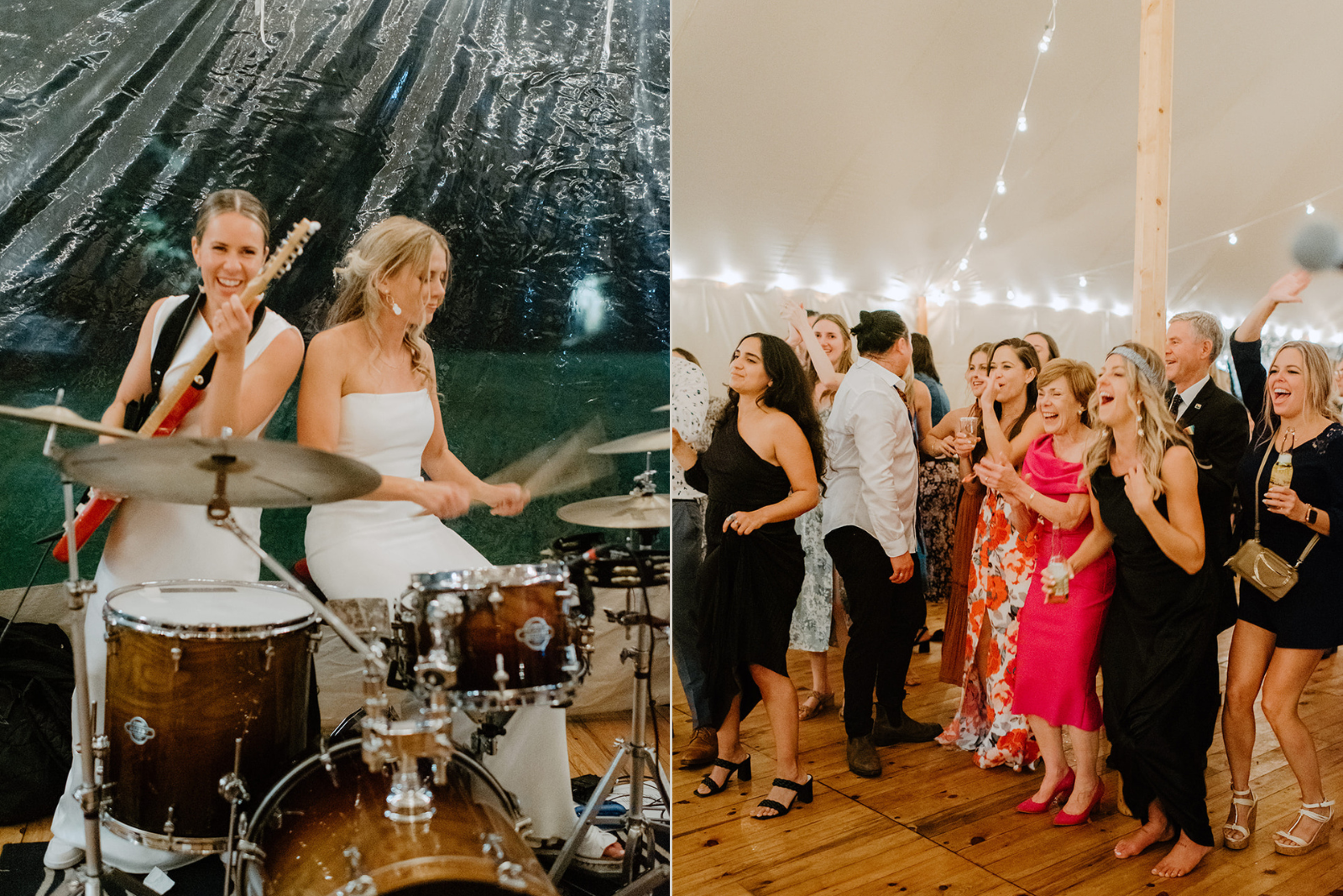 Family Home Kingston Wedding of Vanessa and Liz – candid shot of bride jamming with guitar and drums, capturing the fun and energy of the night
