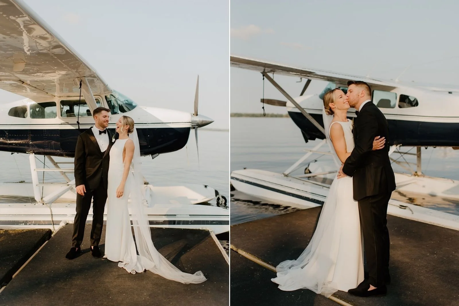 Joyful Bayview Wildwood Wedding – Bride and groom pose in front of the seaplane.
