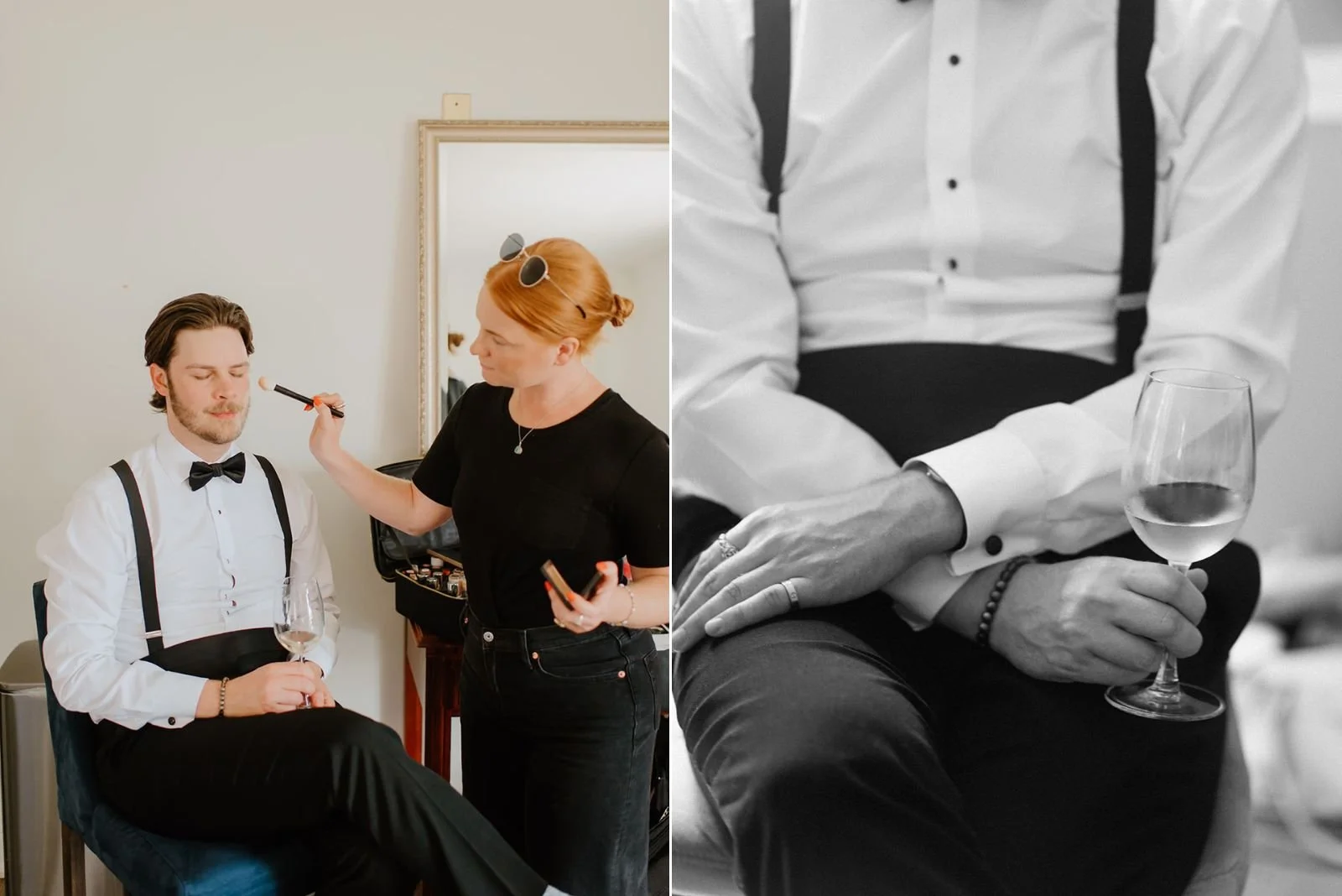 Eaton Hall Wedding in King City | Benita + Allen – Allen getting his makeup done in a bright suite at Eaton Hall.