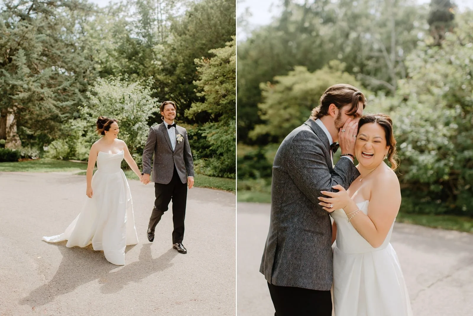 Eaton Hall Wedding in King City | Benita + Allen – Romantic wide shot of the couple walking through the green fields of the estate.