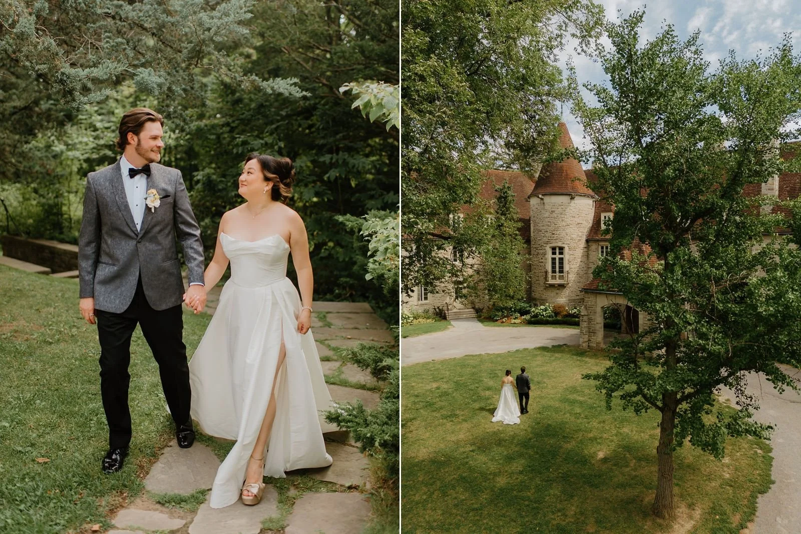 Eaton Hall Wedding in King City | Benita + Allen – Romantic wide shot of the couple walking through the green fields of the estate.
