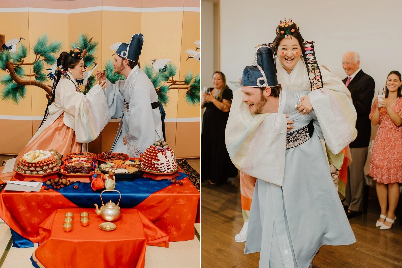Eaton Hall Wedding in King City | Benita + Allen – The couple sharing a laugh while wearing their traditional Korean wedding outfits.
