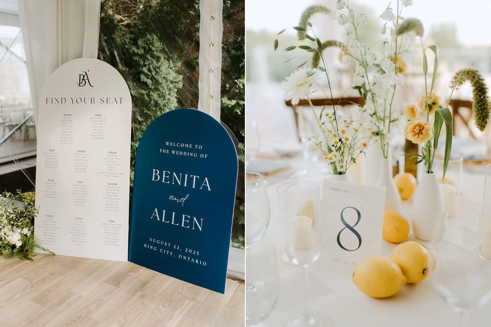 Eaton Hall Wedding in King City | Benita + Allen – Reception room detail featuring citrus-inspired yellow and blue decor.