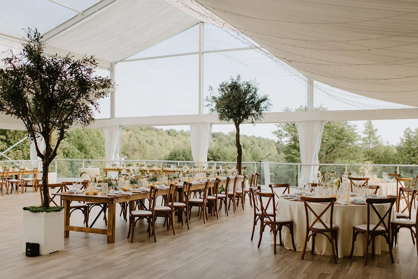 Eaton Hall Wedding in King City | Benita + Allen – Reception room detail featuring citrus-inspired yellow and blue decor.