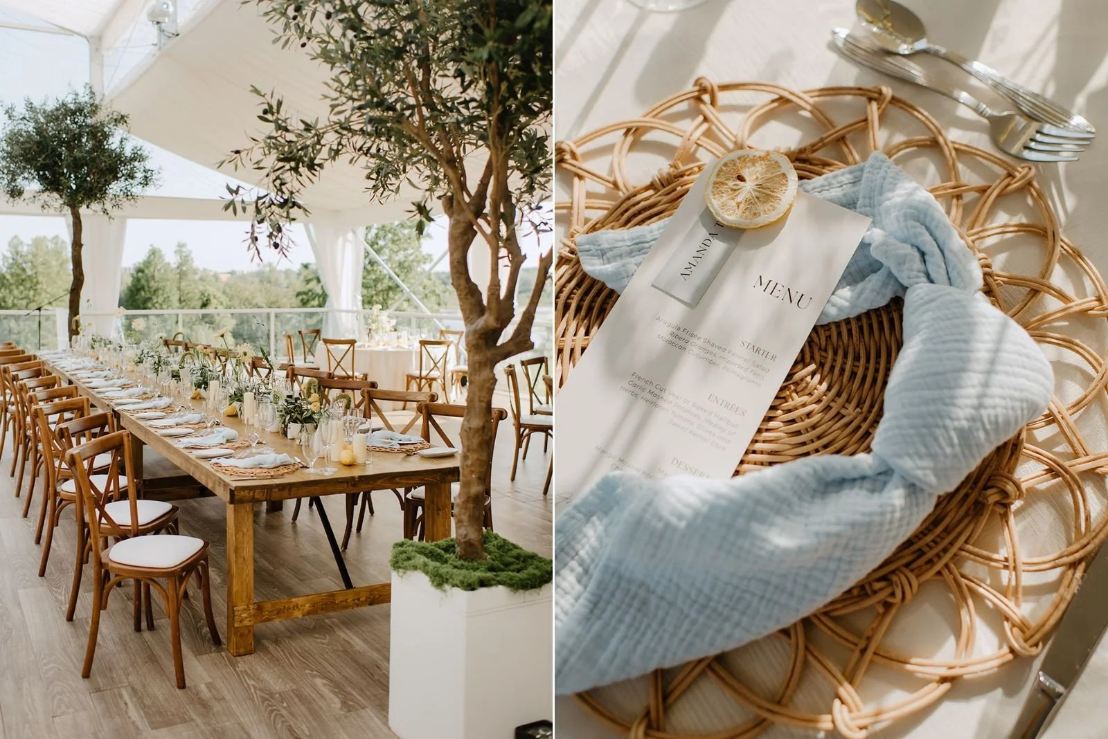 Eaton Hall Wedding in King City | Benita + Allen – Table setting with fresh lemons, blue napkins, and floral centerpieces.