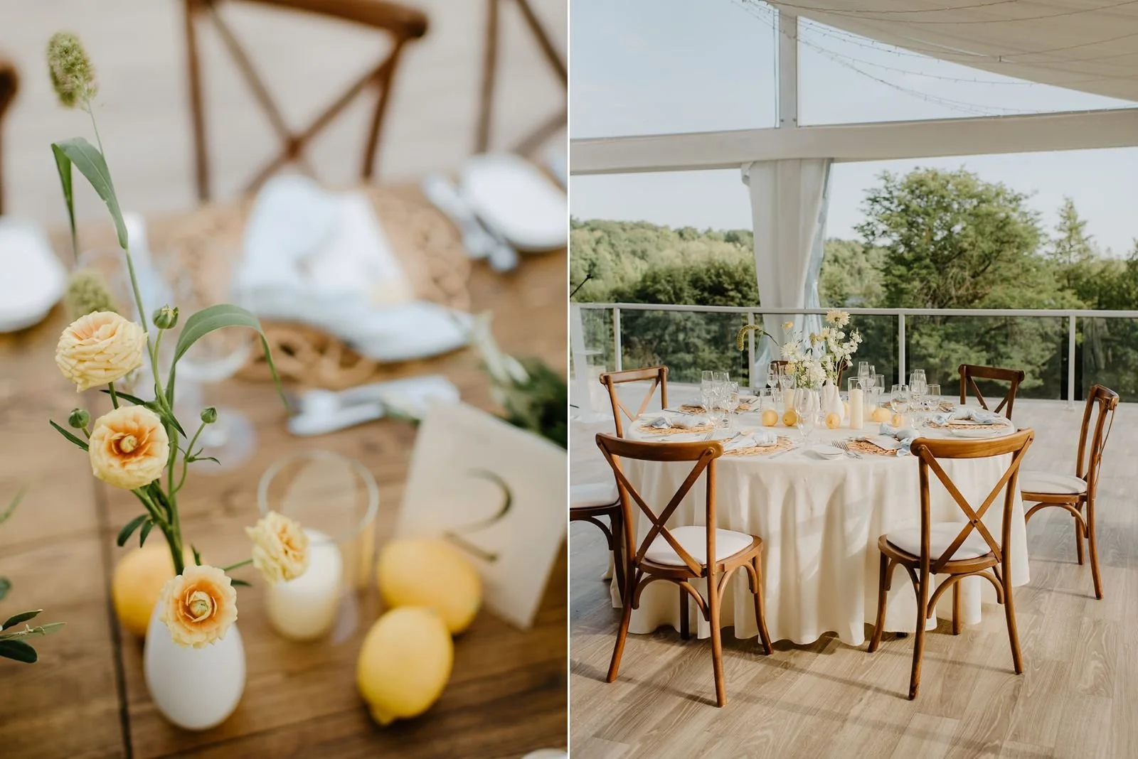 Eaton Hall Wedding in King City | Benita + Allen – Table setting with fresh lemons, blue napkins, and floral centerpieces.