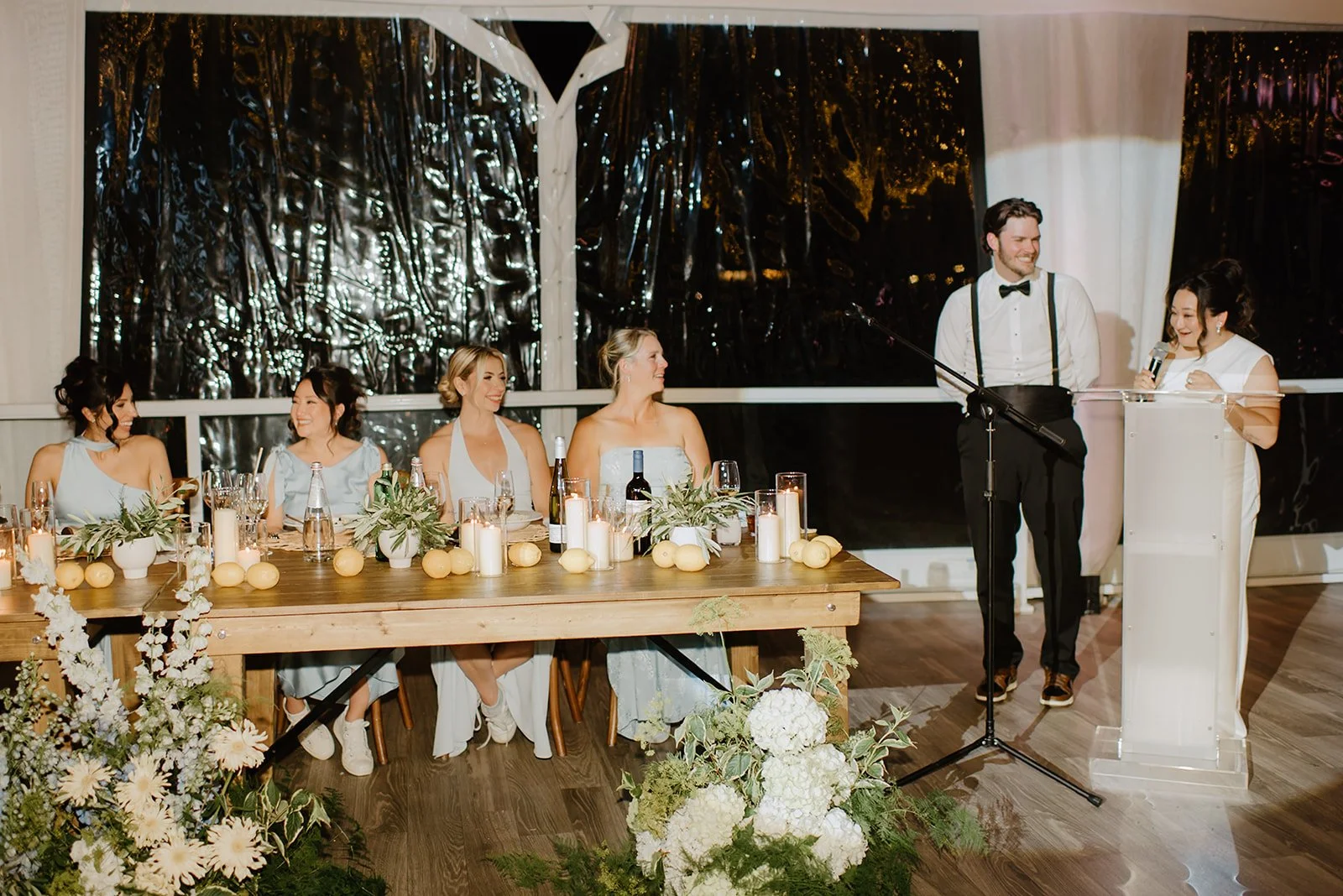 Eaton Hall Wedding in King City | Benita + Allen – Bridesmaids in various shades of blue standing with the bride.