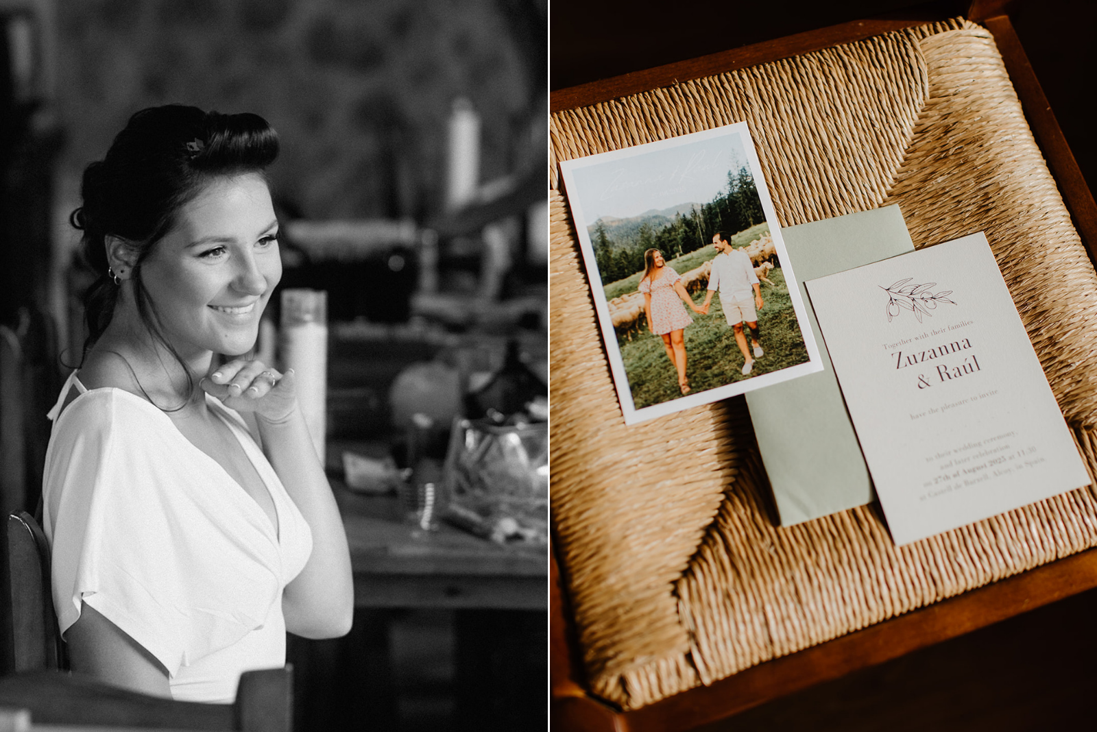 Castell de Barxell Wedding | A Romantic Spanish Countryside Celebration with Zuzanna + Raul – Detailed shot of the wedding invitation suite on a textured stone surface.