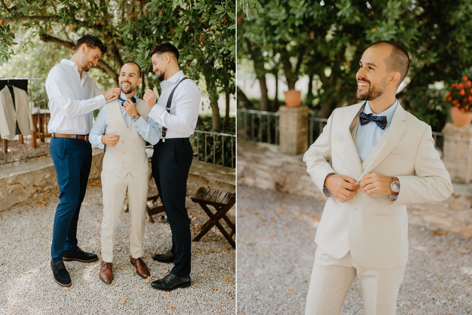Castell de Barxell Wedding | A Romantic Spanish Countryside Celebration with Zuzanna + Raul – Raul adjusting his tie in a sun-drenched villa.