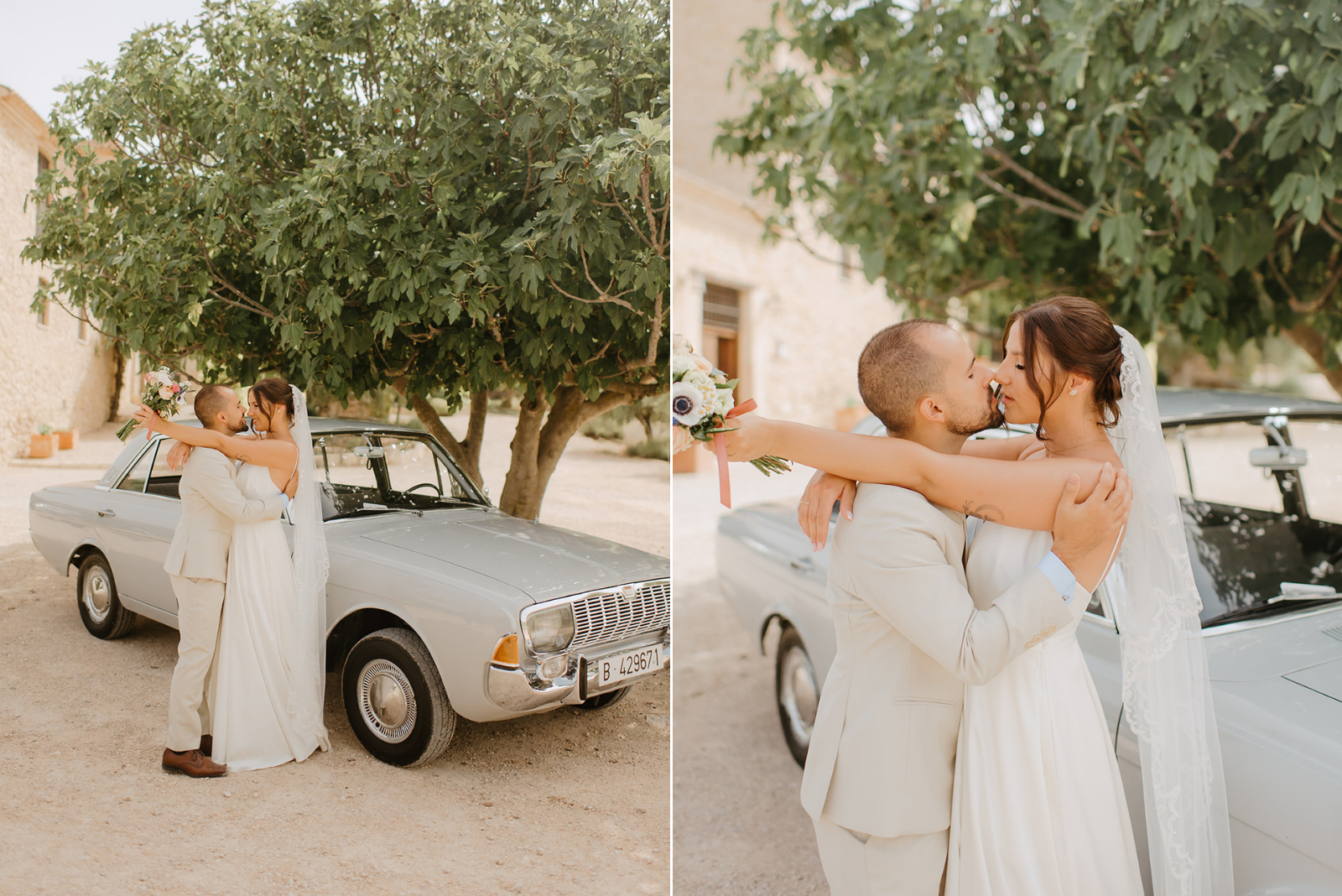Castell de Barxell Wedding | A Romantic Spanish Countryside Celebration with Zuzanna + Raul – A stunning vintage car parked in front of L’Alqueria del Pilar.