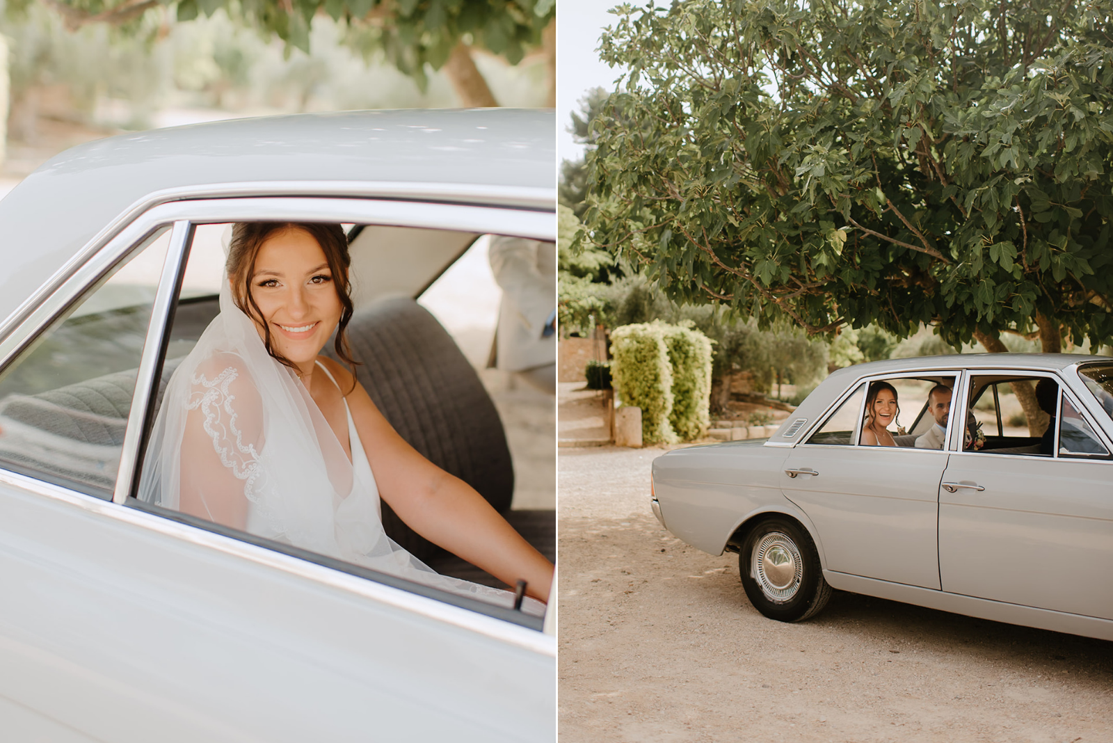 Castell de Barxell Wedding | A Romantic Spanish Countryside Celebration with Zuzanna + Raul – Raul helping Zuzanna into the backseat of the vintage car.